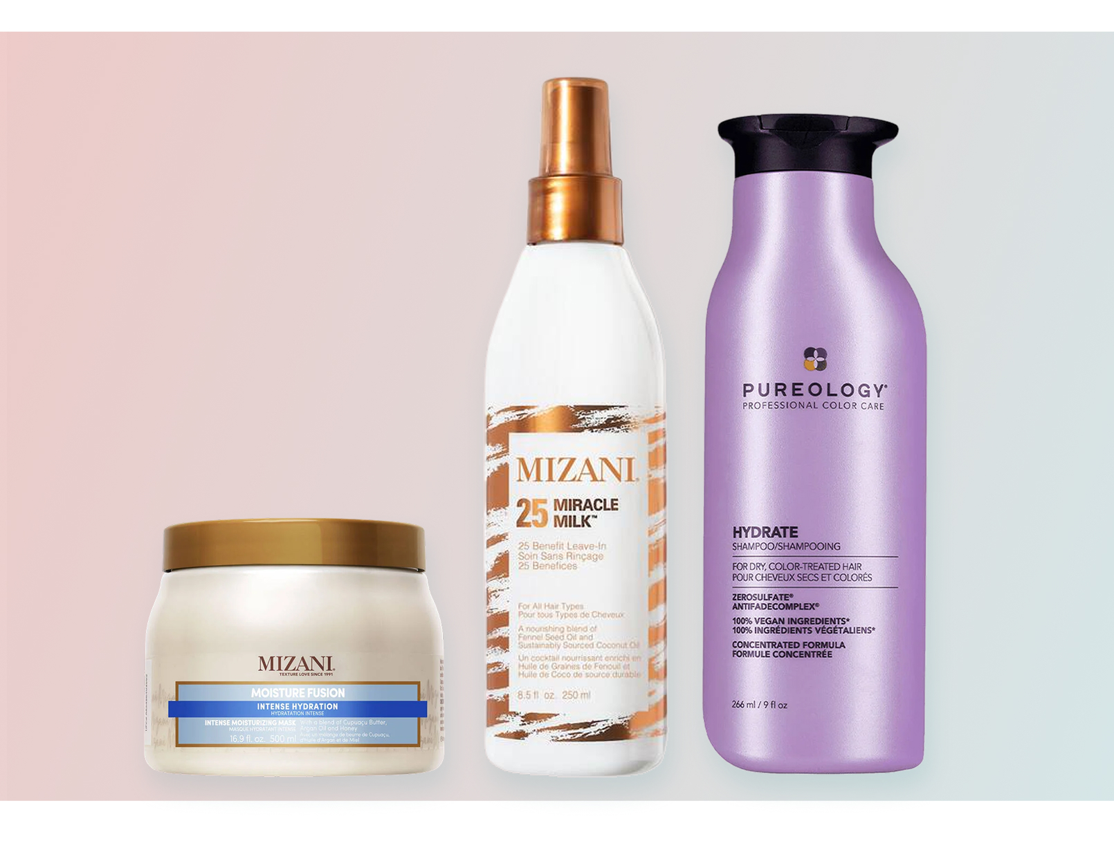 Image of Mizani Moisture Fusion Intense Hydration Moisturizing Mask, Mizani 25 Miracle Milk, Pureology Hydrate Shampoo on a pink and teal gradient